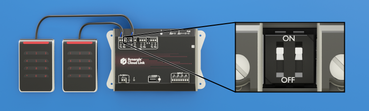 Lesegeräte, die mit den RS-485-Ports von Synergis™ Cloud Link verbunden sind.