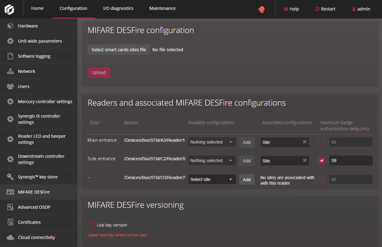 Die MIFARE-DESFire-Konfigurationsseite im Synergis Appliance Portal.