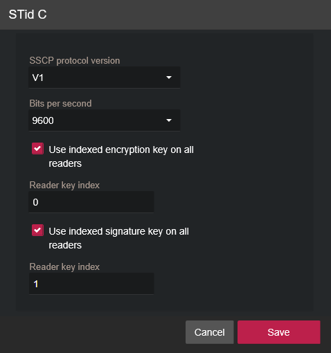 Konfiguration eines STid-Lesegeräts im Synergis™ Appliance Portal mit aktivierter Option „Indizierten Verschlüsselungsschlüssel auf allen Lesegeräten verwenden“ und aktivierter Option „Indizierten Signaturschlüssel auf allen Lesegeräten verwenden“