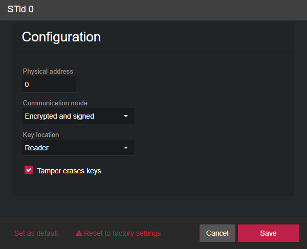 STid-Konfiguration mit der im Synergis™ Appliance Portal ausgewählten Option „Manipulation löscht Schlüssel“.