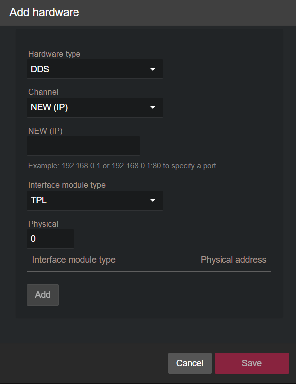 Das Dialogfeld „Hardware hinzufügen“, welches die DDS-Konfiguration im Synergis™ Appliance Portal zeigt.