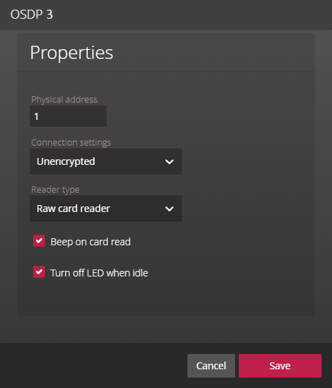 Dialogfeld für die Bearbeitung von OSDP-Schnittstelleneigenschaften im Synergis™ Appliance Portal.