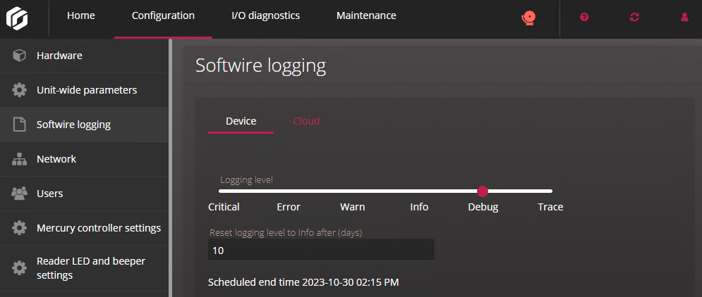 Seite „Geräte“ im Abschnitt „Softwire-Protokollierung“ des Synergis™ Appliance Portals.
