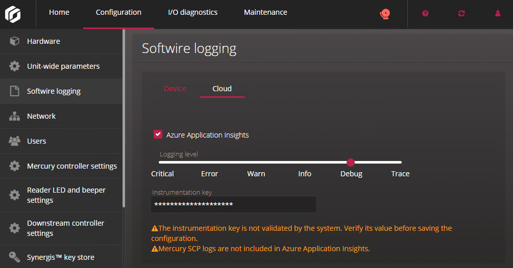 Optionen, die Sie für das Senden von Protokollen in die Cloud auf der Softwire-Protokollierungsseite im Synergis™ Appliance Portal konfigurieren müssen.