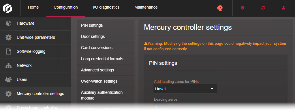 Seite „Mercury-Controller-Einstellungen“ im Synergis™ Appliance Portal.