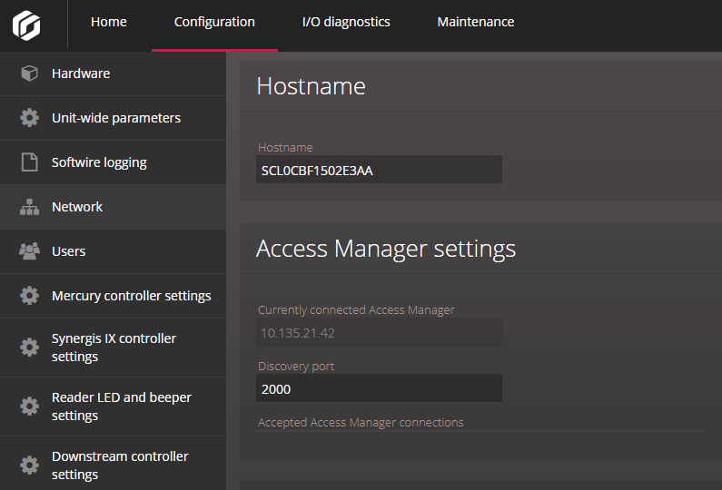 Synergis Appliance Portal – Netzwerkkonfiguration – Hostname- und Access-Manager-Einstellungen.