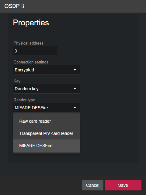 Das Dialogfeld „Eigenschaften“ eines OSDP-Lesegeräts im Synergis™ Appliance Portal, wobei MIFARE DESFire als Lesegerätetyp ausgewählt ist.