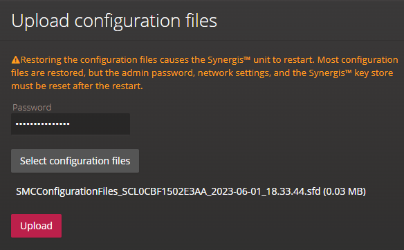 Der Abschnitt „Hochladen von Konfigurationsdateien“ auf der Seite „Systemstatus“ im Synergis Appliance Portal zeigt eine ausgewählte Konfigurationsdatei an.