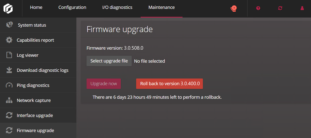 Firmware upgrade page in the Synergis Appliance Portal with the Roll back option available.