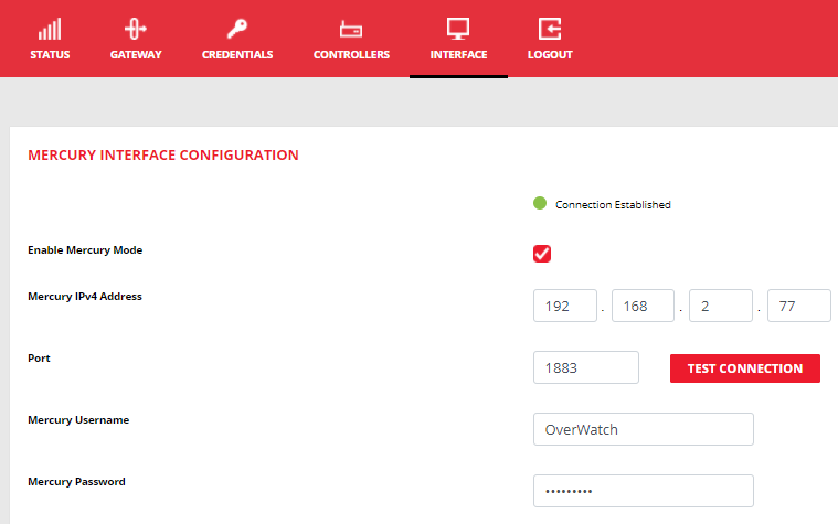 BEST Wi-Q gateway web page showing an established connection on the Interface page.