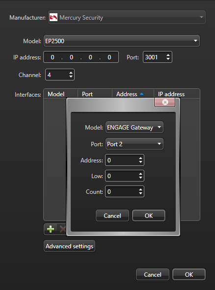 Dialog box for adding ENGAGE Gateway interfaces to Mercury controllers in Config Tool.