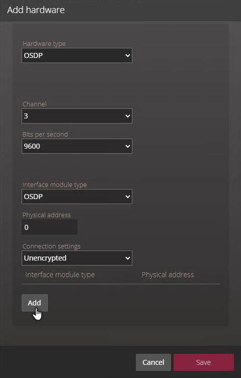 Add hardware dialog box showing OSDP configuration in the Synergis Appliance Portal.