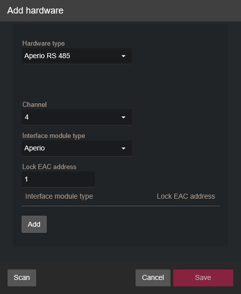 Add hardware dialog box showing Aperio configuration in the Synergis™ Appliance Portal.