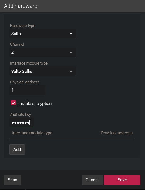 Add hardware dialog box showing Salto configuration with encryption enabled in the Synergis™ Appliance Portal.