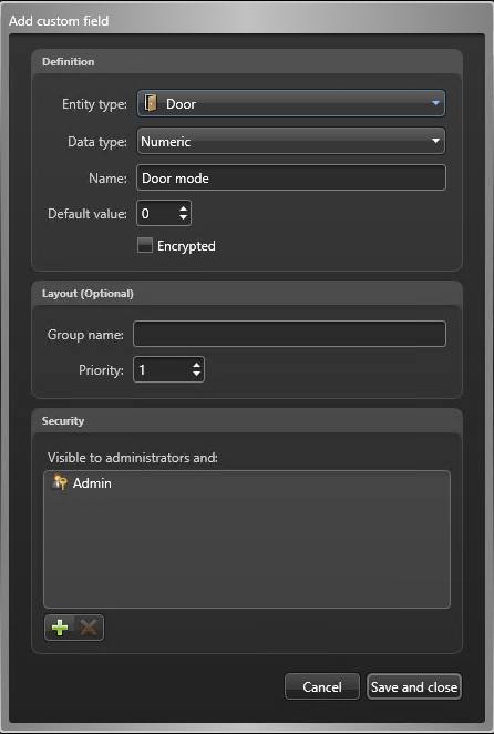 Add custom field dialog box in Config Tool showing the Door mode custom field.