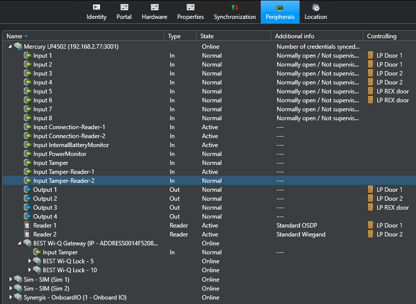 Peripherals page of a Synergis unit in Config Tool, showing a Mercury controller with a BEST Wi-Q gateway and locks.