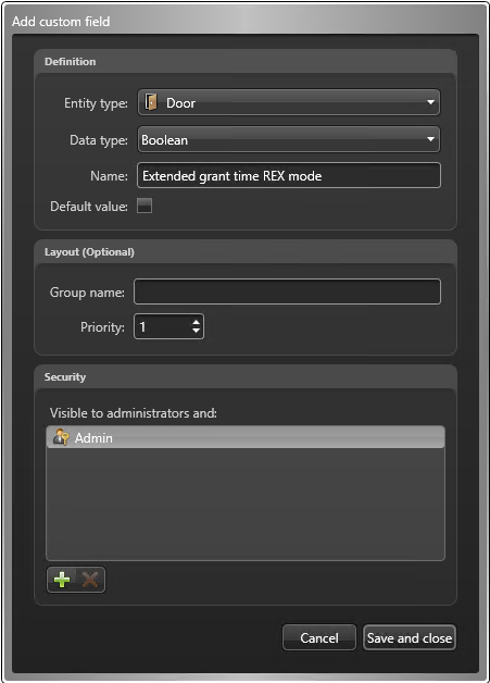 Add custom field dialog box in Config Tool showing configuration for Extended grant time REX mode on a door.