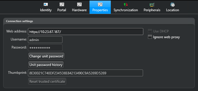 Properties page of the Synergis Cloud Link unit in Config Tool.