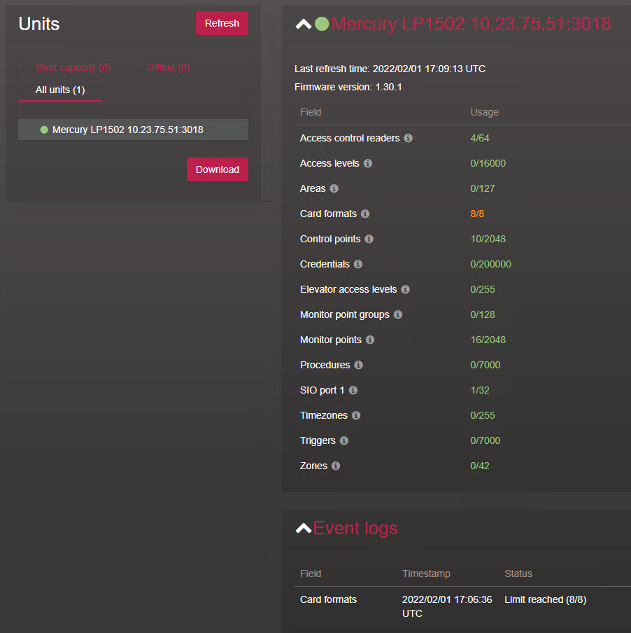 Capabilities report page in the Synergis Appliance Portal with a controller selected in the Units section.