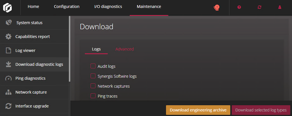 Download diagnostic logs page in the Synergis Appliance Portal.