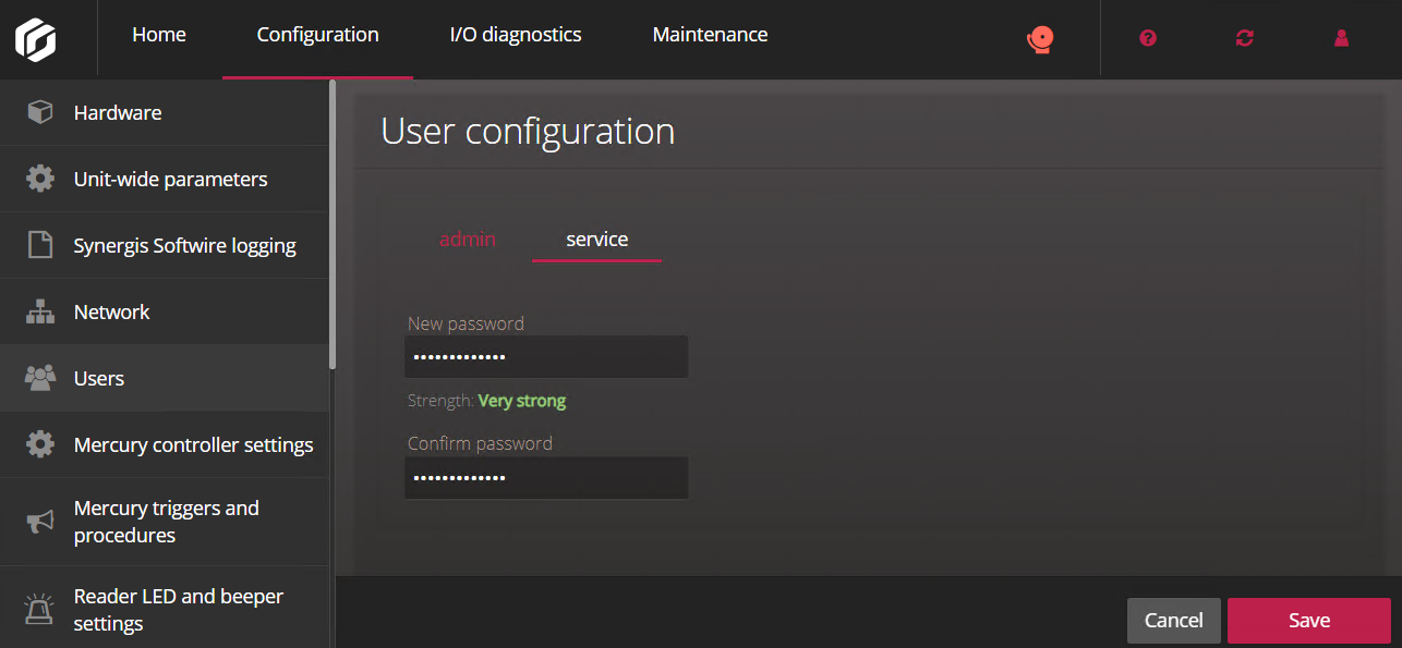 Users page in the Synergis Appliance Portal showing a very strong password entered for the service user.