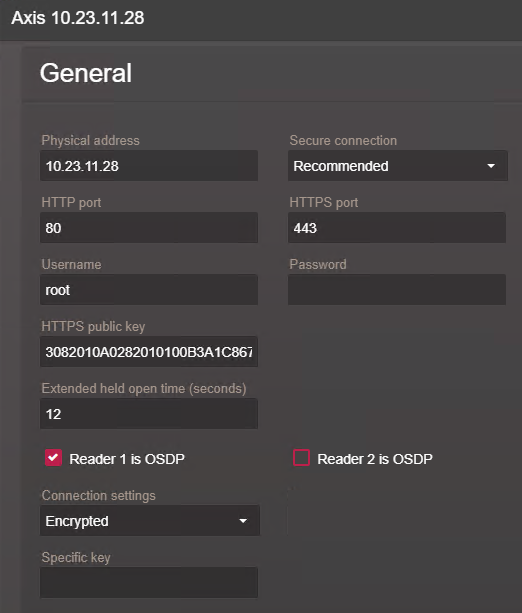 Axis unit configuration window in the Synergis™ Appliance Portal with the Reader 1 is OSDP option selected with encryption.