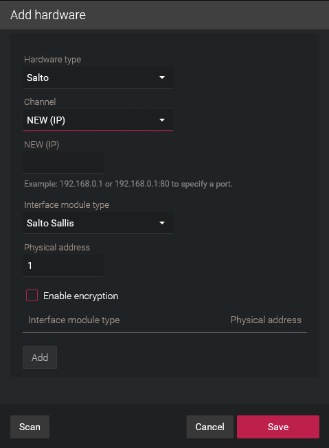 Add hardware dialog box showing Salto configuration with the IP channel selected in the Synergis™ Appliance Portal.