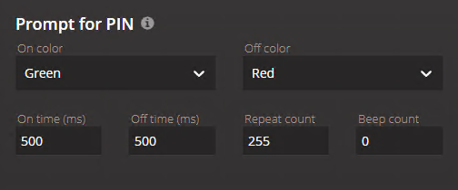 Sample reader LED and beeper settings for 'Prompt for PIN' state in the Synergis™ Appliance Portal .