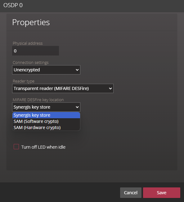 Properties dialog box of an OSDP reader in the Synergis Appliance Portal highlighting the MIFARE DESFire key location options.