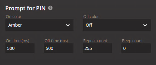 Sample reader LED and beeper settings for 'Prompt for PIN' state in the Synergis™ Appliance Portal .