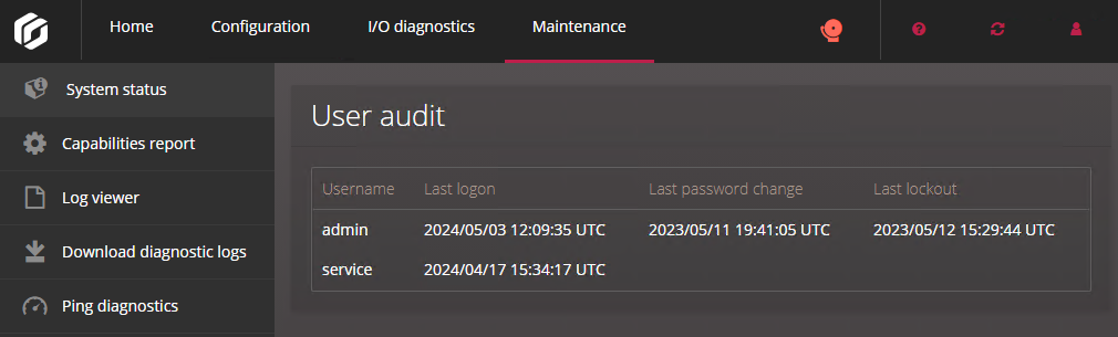 User audit section of the System status page in the Synergis Appliance Portal.