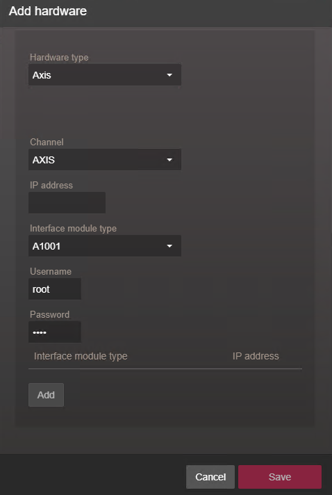 Add hardware dialog box showing Axis configuration in the Synergis™ Appliance Portal.