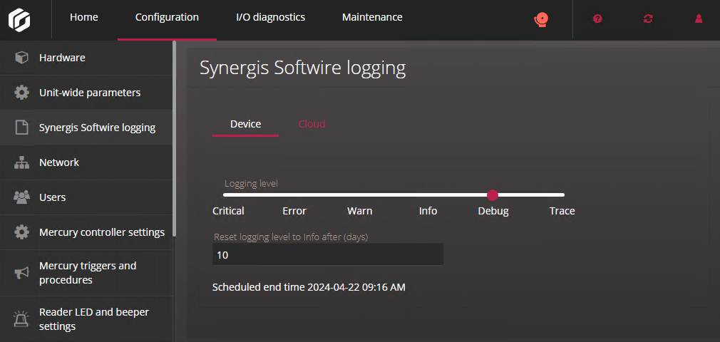 Device section of the Synergis Softwire logging page in the Synergis Appliance Portal.