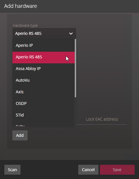 Add hardware dialog box showing different hardware type options in the Synergis Appliance Portal.