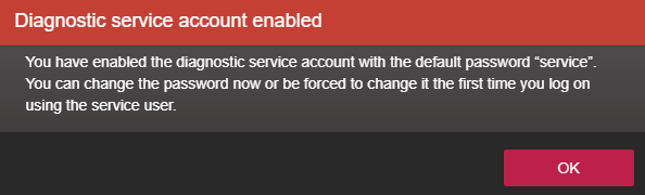 Dialog box confirming that the diagnostic service account was enabled in the Synergis Appliance Portal.