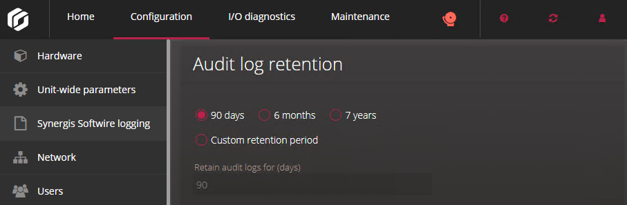 Audit log retention section of the Synergis Softwire logging page in the Synergis Appliance Portal.