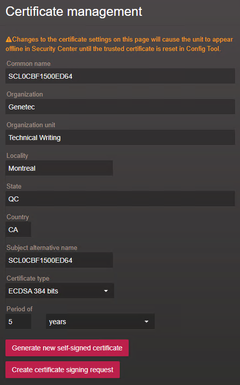 Certificate management section of the Certificates page in the Synergis™ Appliance Portal.