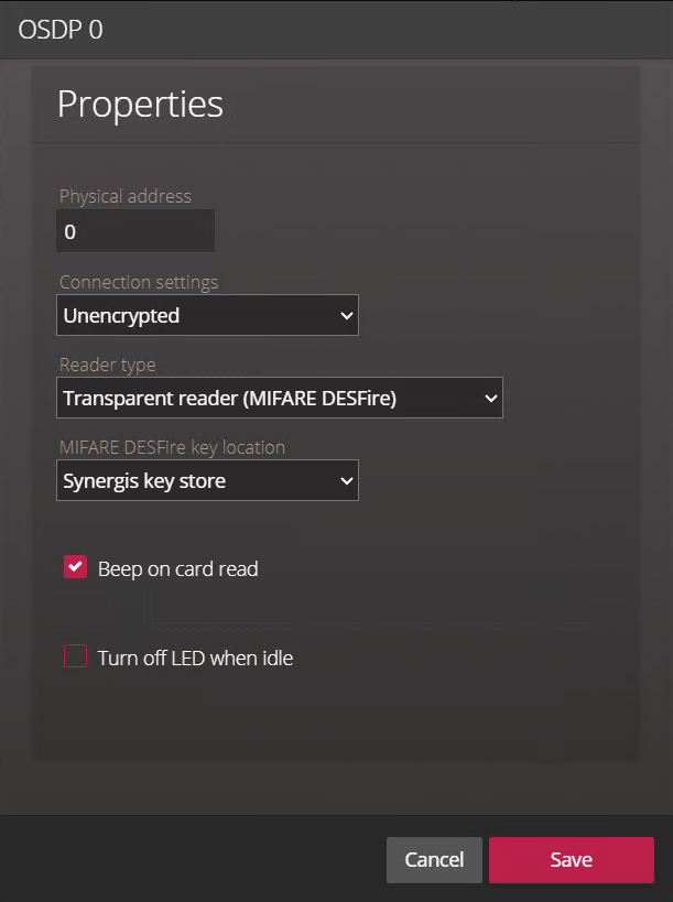 Properties dialog box of an OSDP reader in the Synergis Appliance Portal with Transparent reader (MIFARE DESFire) selected as the Reader type.