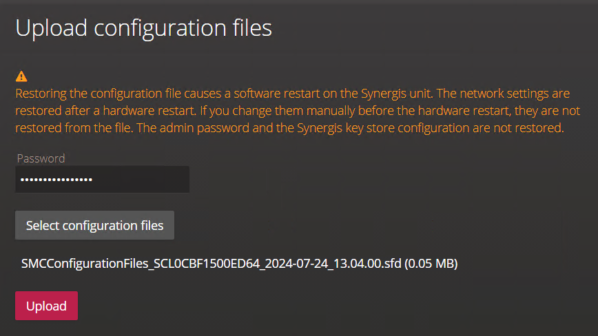 Upload configuration files section of the System status page in the Synergis Appliance Portal showing a selected configuration file.