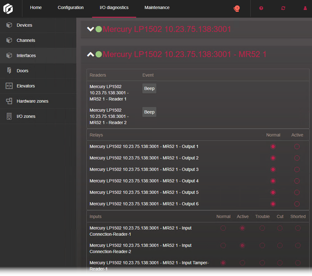 Interfaces page of the Synergis Appliance Portal showing the options under an expanded interface module.