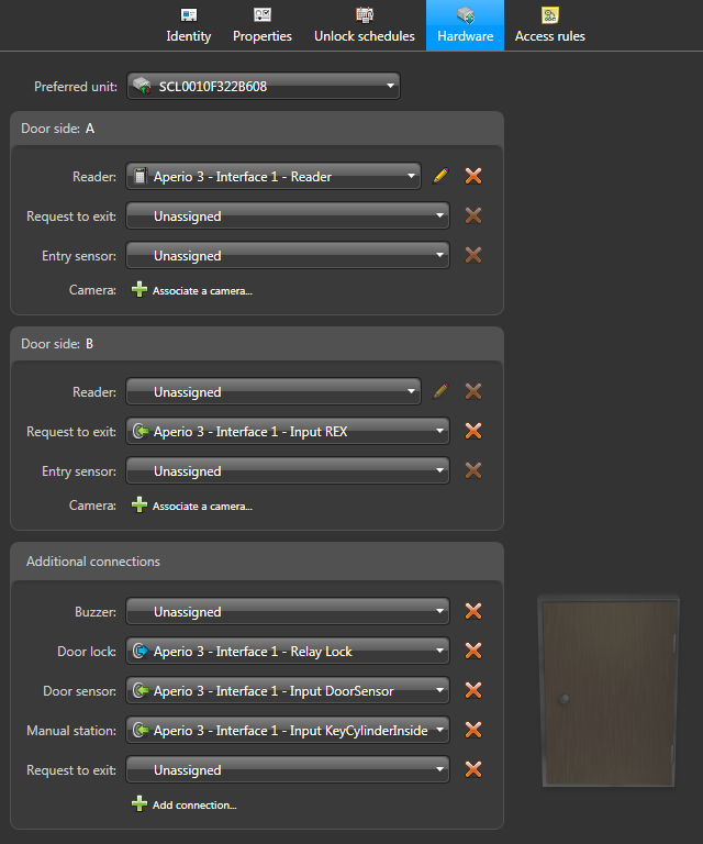 Hardware page of a door that uses an Aperio-enabled lock in Config Tool.