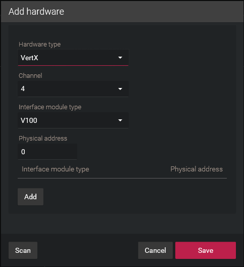 Add hardware dialog box showing VertX configuration in the Synergis™ Appliance Portal.