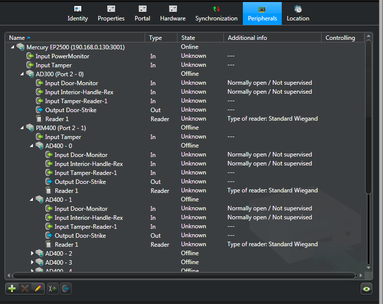 Peripherals page of a Mercury controller in Config Tool.