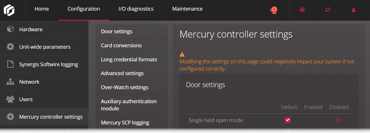 Mercury controller settings page in the Synergis Appliance Portal.