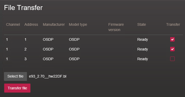 File Transfer section of the Advanced OSDP page in the Synergis™ Appliance Portal.