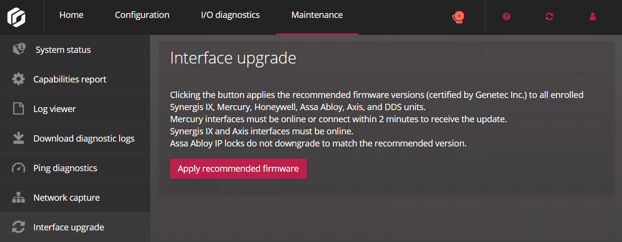 Interface upgrade page in the Synergis Appliance Portal.