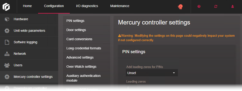 Mercury controller settings page in the Synergis Appliance Portal.