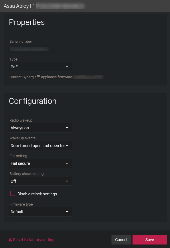 Properties dialog box of an Assa Abloy IP lock in the Synergis™ Appliance Portal.