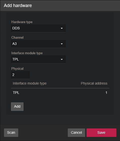 Add hardware dialog box showing DDS configuration in the Synergis™ Appliance Portal.