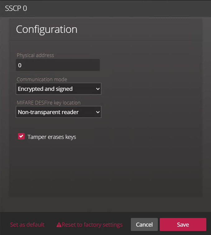 STid configuration showing the Tamper erases keys option selected in the Synergis Appliance Portal.